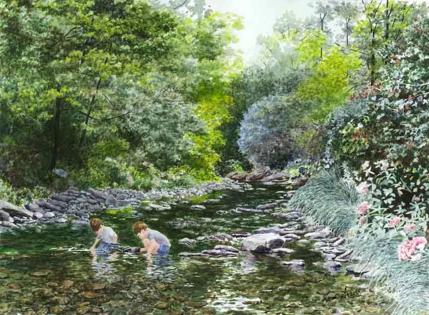 painting of 2 boys building a dam in a brook