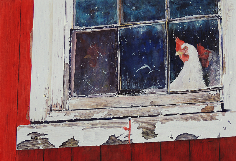 Painting of chickens in a barn window.